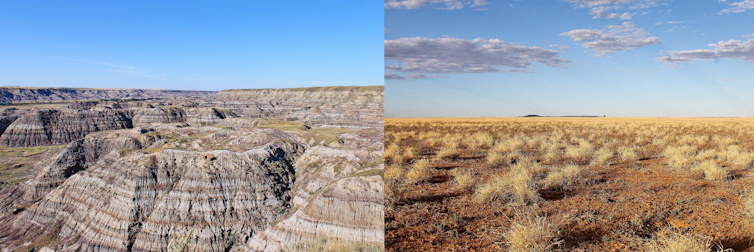 Rocky land under blue sky.