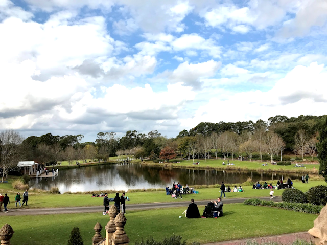 People socialising in a green park around a lake