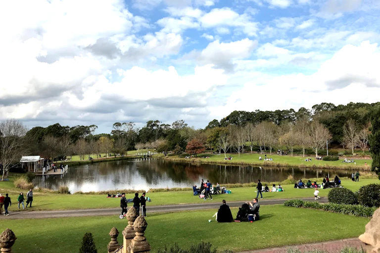 People socialising in a green park around a lake