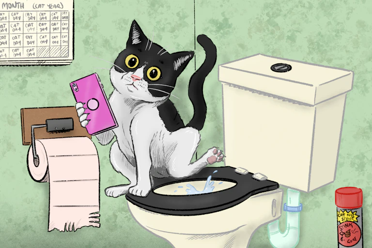 A cartoon of a cat sitting on the toilet, reading its phone, with a splash coming up from the bowl