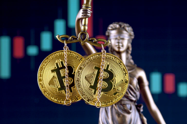 Imagen de la justicia con bitocoines en la balanza.