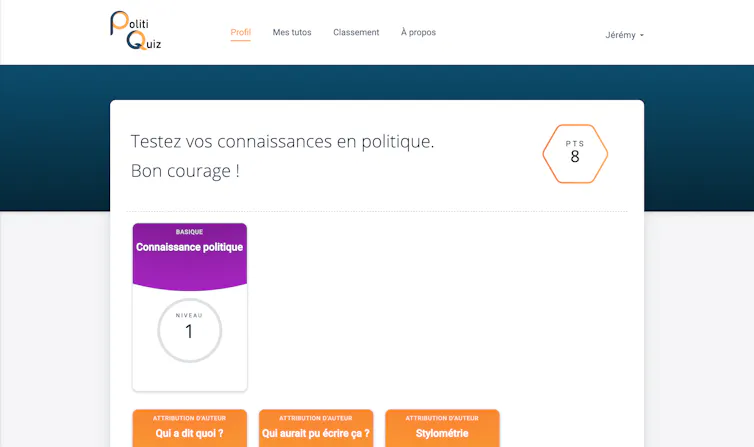 Page d’accueil de la plate-forme PolitiQuiz