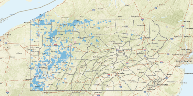 Map of Pennsylvania with abandoned oil and gas wells marked.