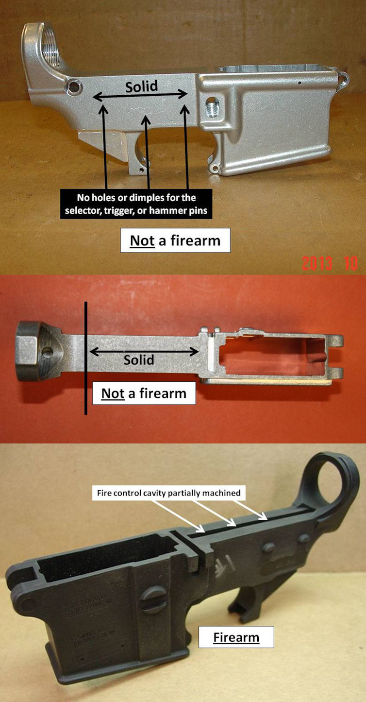 Tres imágenes que muestran las distinciones entre armas de fuego reguladas y piezas de metal y plástico que están muy cerca de ser armas de fuego reguladas, pero no lo son.