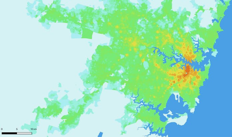 heat map showing number of jobs accessible within 30 minutes across Greater Sydney