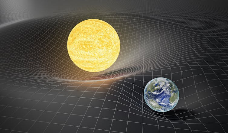 A diagram showing how massive objects bend spacetime.