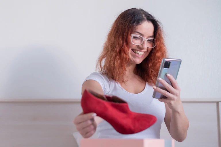 A smiling woman looks at her phone while holding up a red shoe