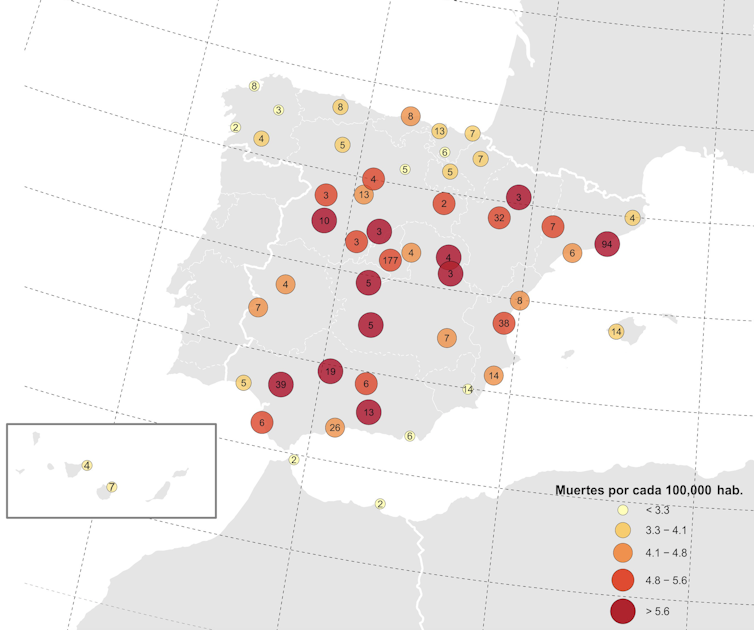 Mapa de España con las ciudades y las cifras de fallecimientos