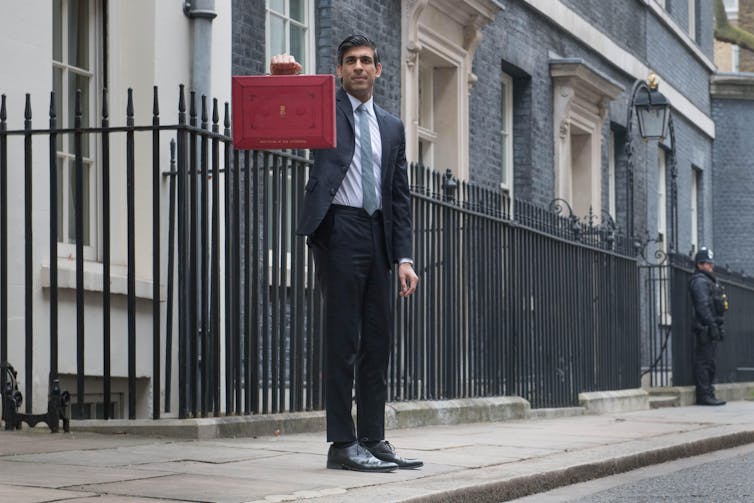 Chancellor Rishi Sunak holds up his red box on budget day.