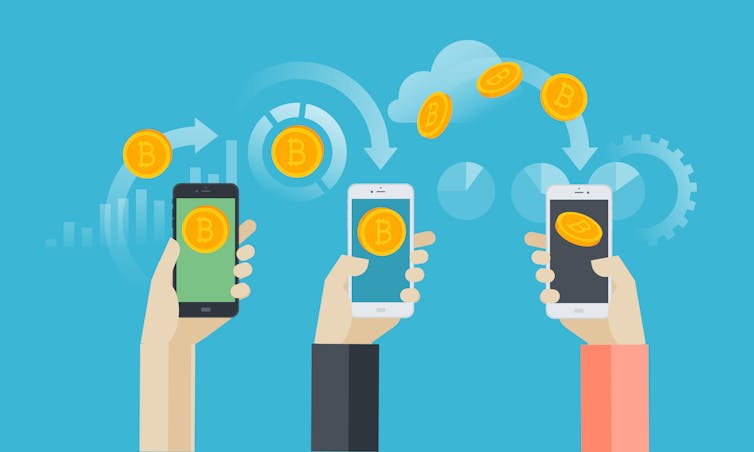 An illustration of several hands holding up smartphones, with images of bitcoins being transferred between them.