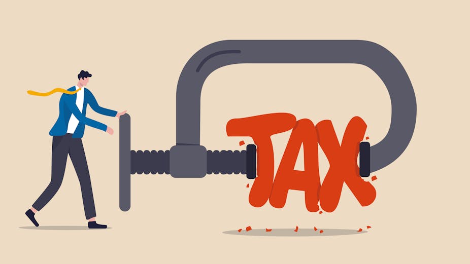 Drawing of a man squeezing the word tax in a vice.
