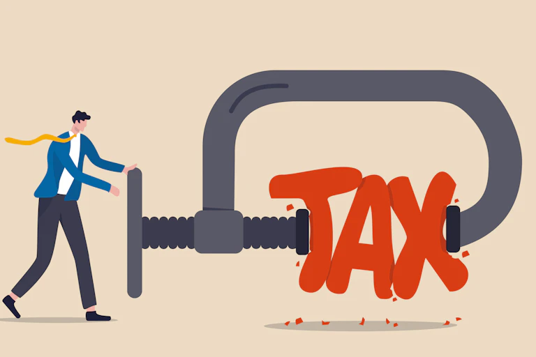 Drawing of a man squeezing the word tax in a vice.