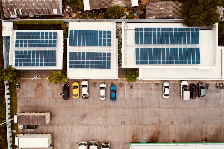 rooftop solar panels and parked cars