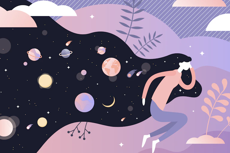 A drawing of a woman lying down with planets and moons coming out of her head.