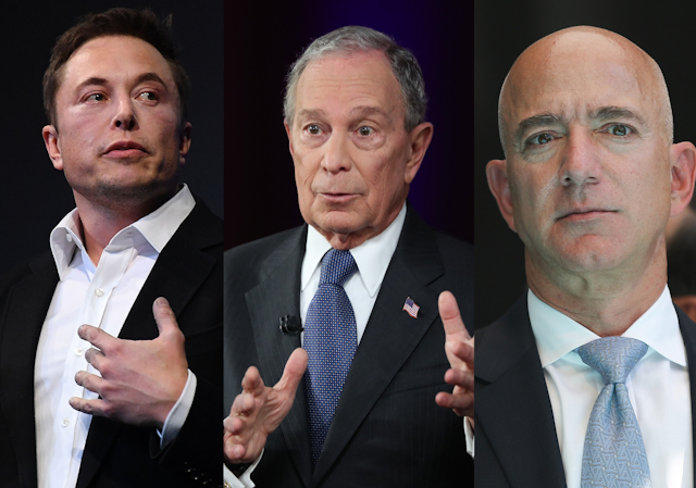 A triptych of Elon Mush, Michael Bloomberg and Jeff Bezos