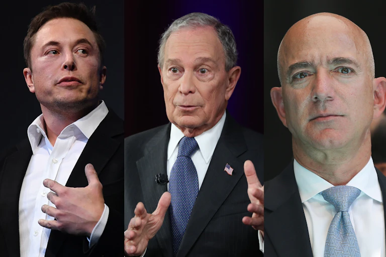 A triptych of Elon Mush, Michael Bloomberg and Jeff Bezos