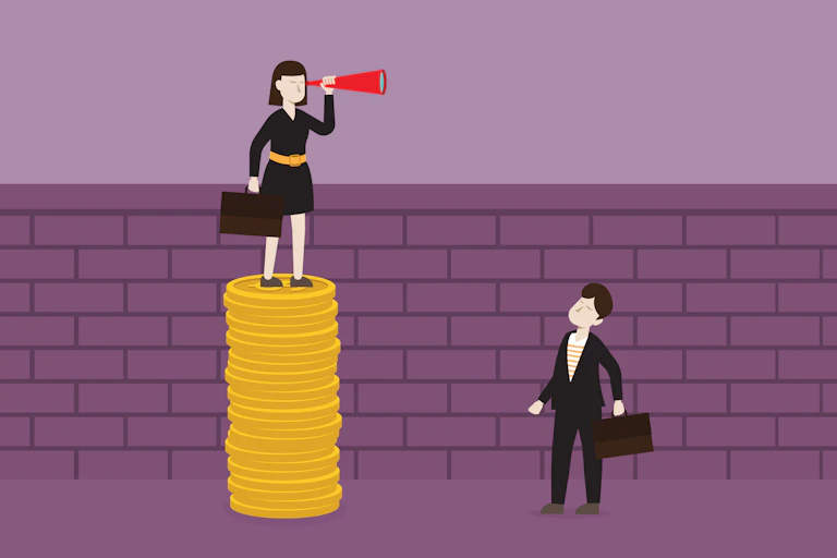 An illustration of a woman with a red eye glass on a tower of coins next to a man with a brief case on the ground