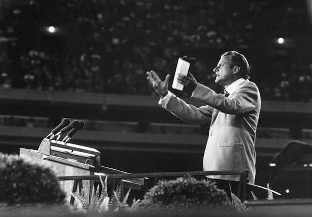US evangelist Billy Graham addressing a meeting