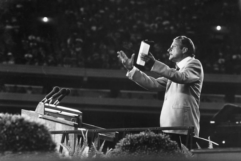 US evangelist Billy Graham addressing a meeting