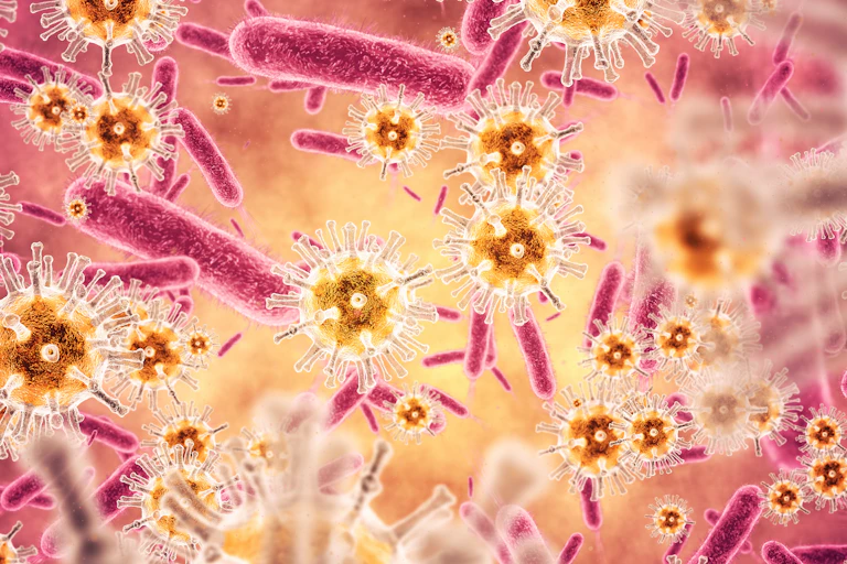 artist's rendition of viruses and bacteria