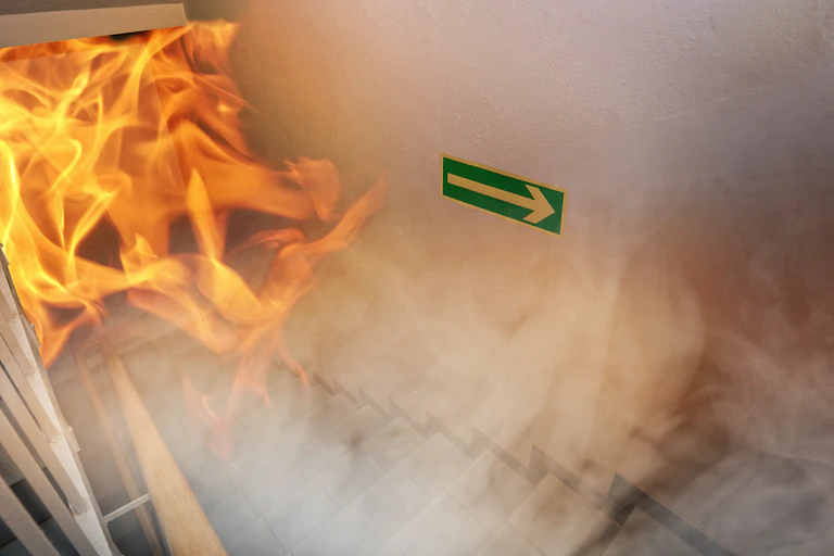 Simulated fire crawls up stairwell
