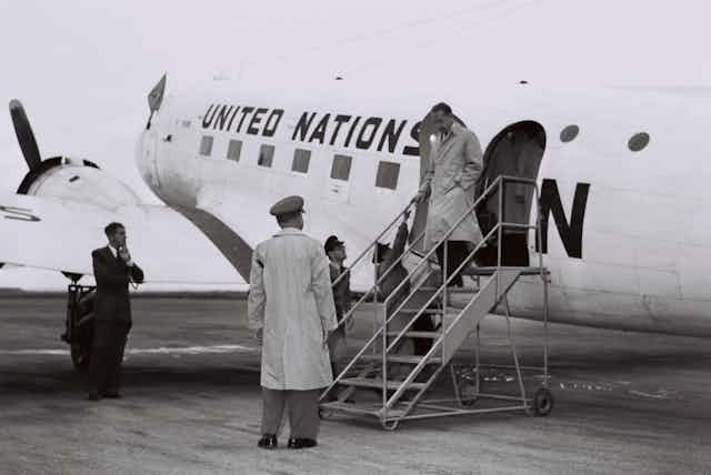 UN secretary-general Dag Hammarskjold landing in what was then Lydda (now Lod)