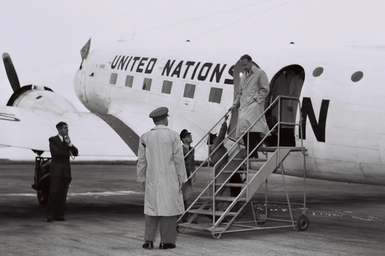 UN secretary-general Dag Hammarskjold landing in what was then Lydda (now Lod)