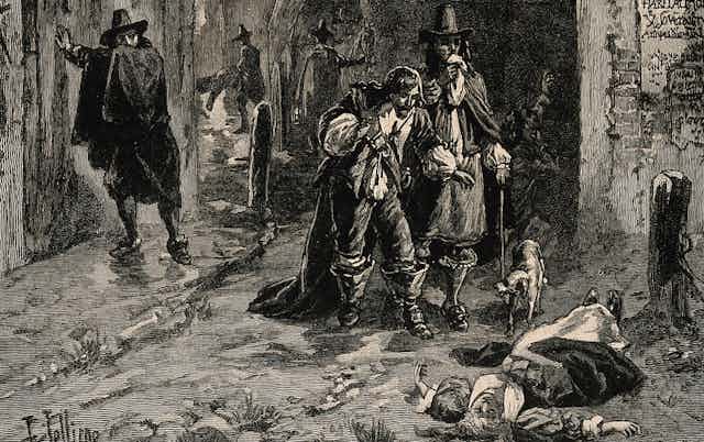 Illustration of two men discovering the body of a women in the street during the Great Plague of London