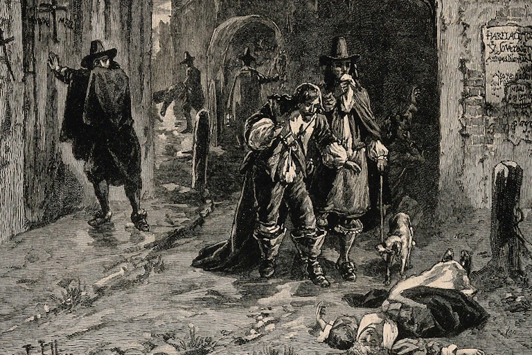 Illustration of two men discovering the body of a women in the street during the Great Plague of London