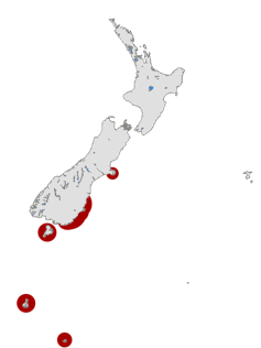 A map of New Zealand with yellow-eyed penguin colonies highlighted in red.
