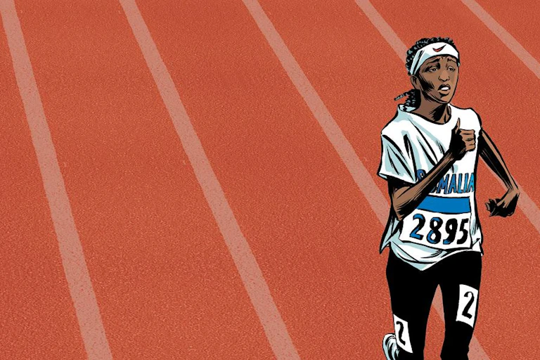 A woman in Olympic jersey and a Nike headband running on a track.