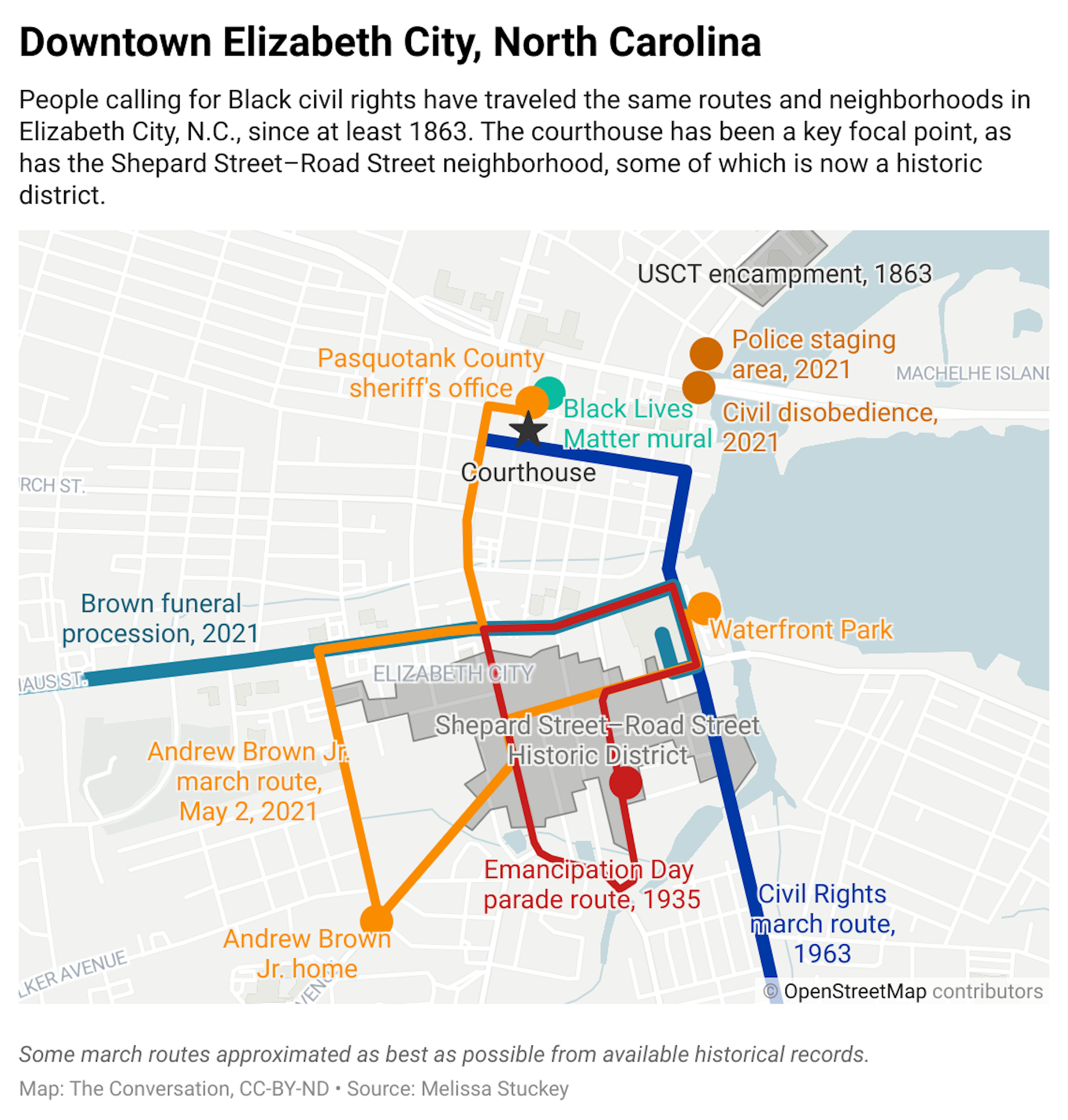 A map of downtown Elizabeth City, North Carolina labelled with the routes that different marches and processions took.