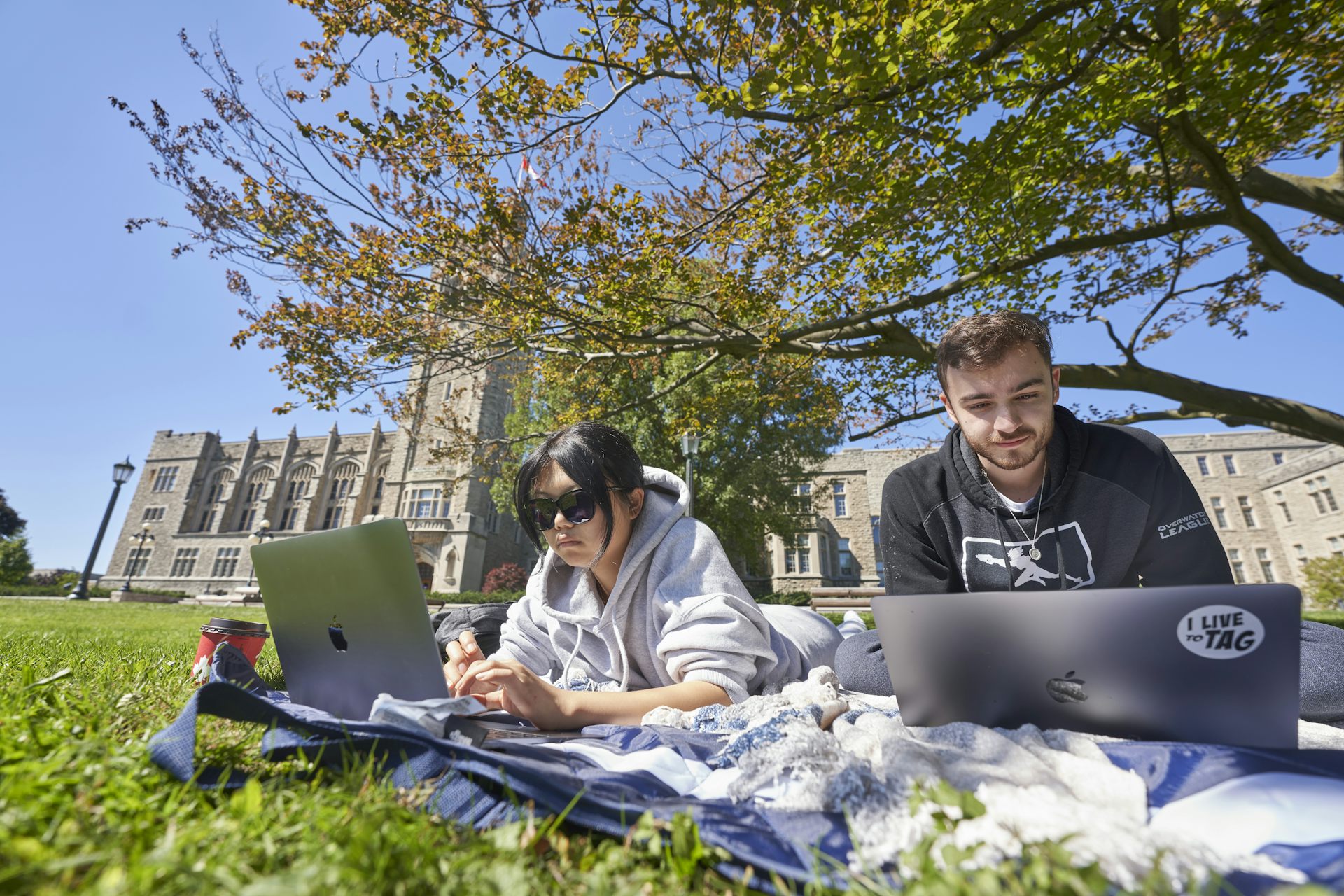 Two students sit in grass with laptops studying next to each other outdoors.