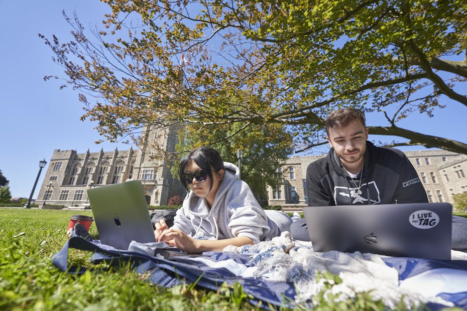 Two students sit in grass with laptops studying next to each other outdoors.