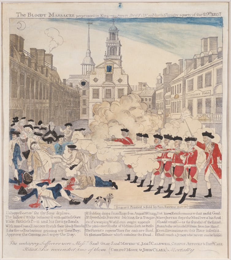 An illustration of British redcoats firing into a civilian crowd