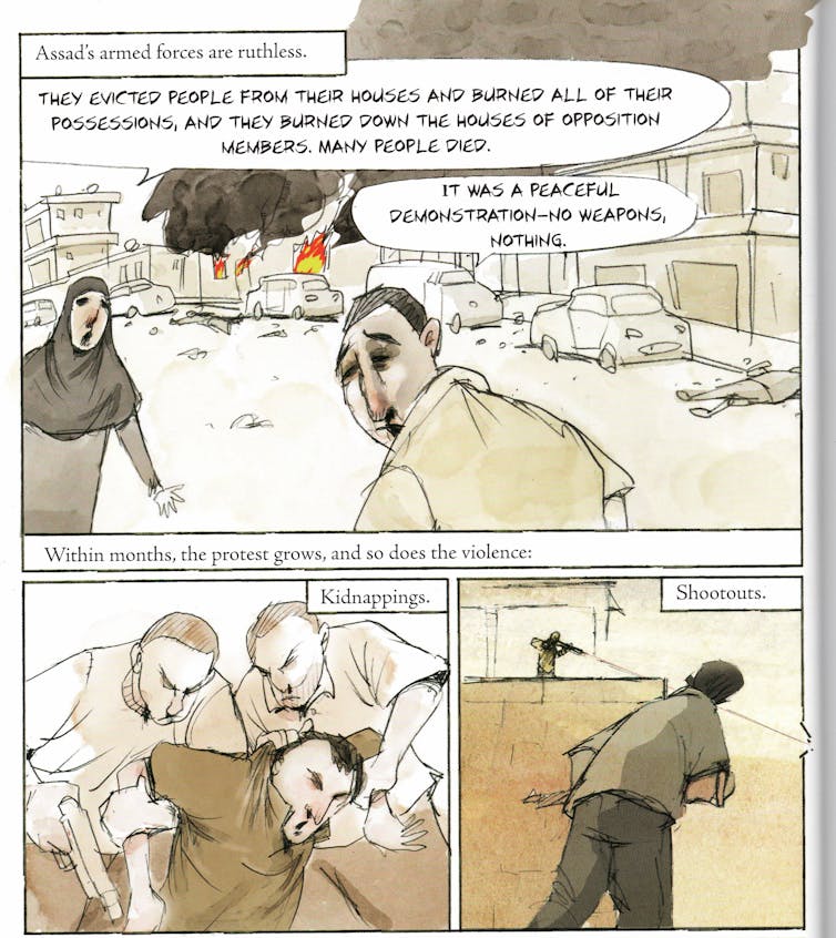 Cartoon panel showing smoke floating outside the panel and a bullet cutting through the edge.