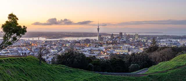 Auckland central city view from top of Mt Eden at sunset