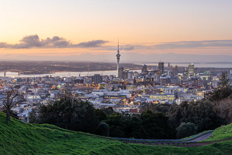 Auckland central city view from top of Mt Eden at sunset