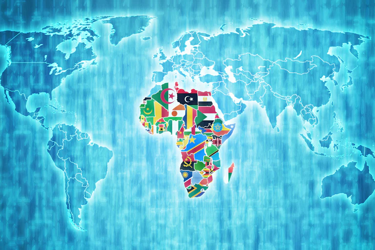 African Union member countries on digital map of world