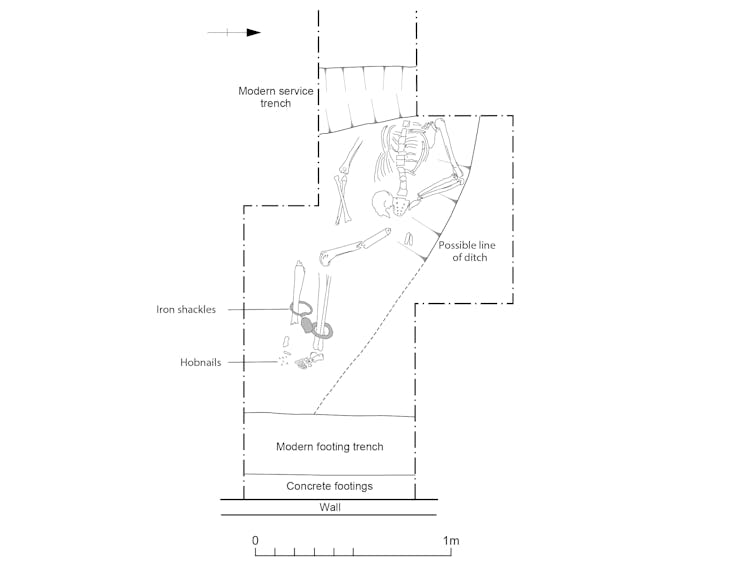 Black and white diagram of a skeleton buried underground in Great Casterton