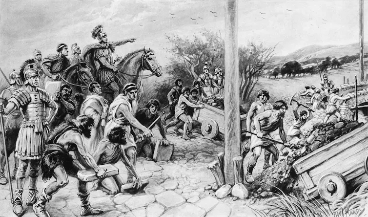 Black and white painting of Roman soldiers on horseback ordering locals to build a road