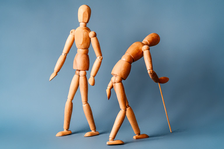 Two wooden artist figures representing a young healthy body and a stooped, ageing one with walking stick.