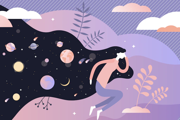Dessin illustrant une femme en train d'imaginer le cosmos