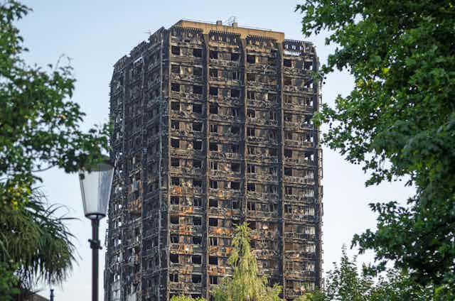 Remains of burnt tower block