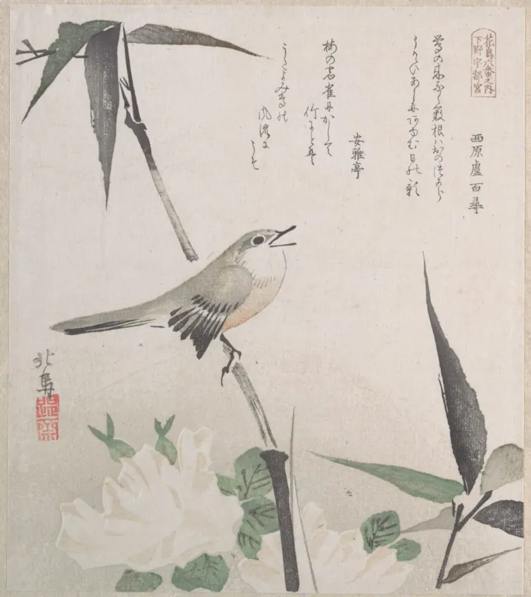 A drawing of a bird singing, with Japanese characters