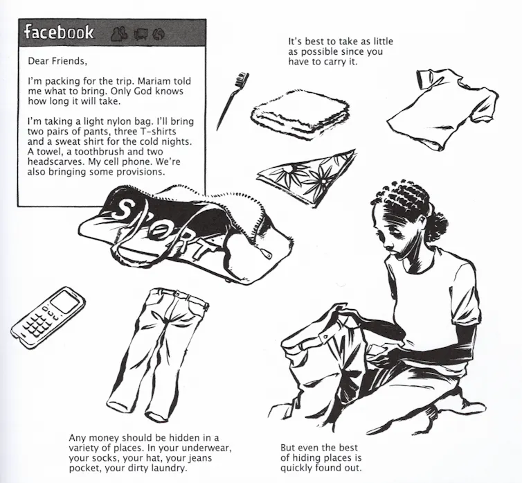 Illustrated borderless panel, in which Omar is packing for journey to Italy. A t-shirt, towel, scarf, pair of pants, toothbrush and a cell phone are spread across the floor. A Facebook post in the top left corner reads: I'm packing for my trip. Miriam told me what to bring. Only God knows how long it will take.