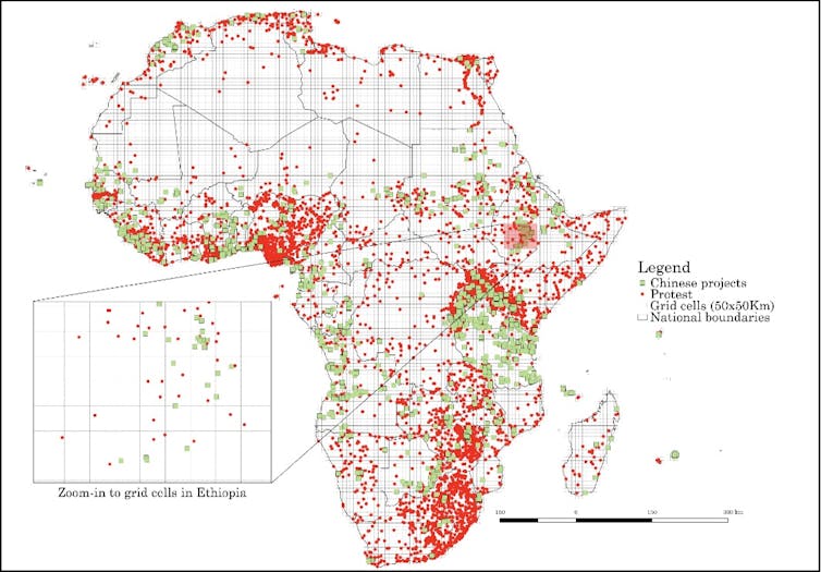 Map of Africa with green and red dots