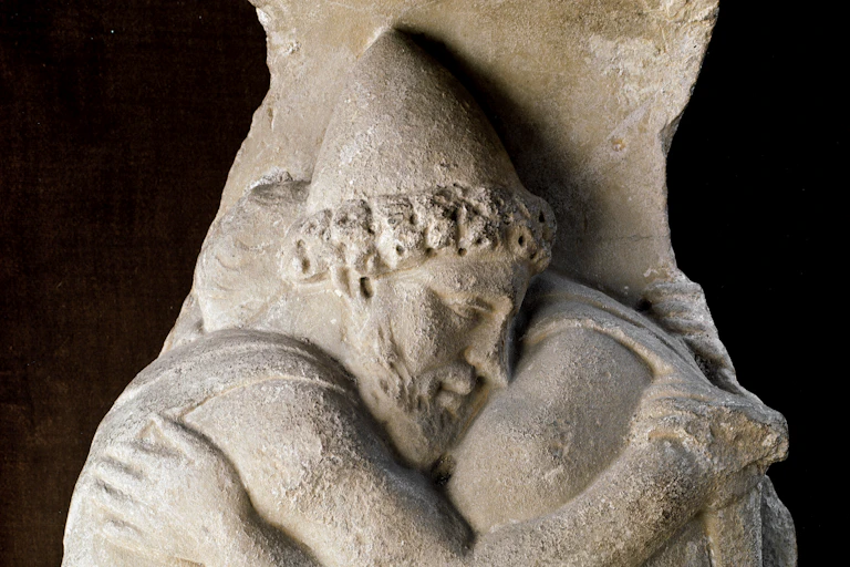 A second century marble sarcophagus fragment, showing the Greek hero, Odysseus and his father, Laertes, King of the Cephallenians.