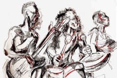 A black and white drawing of a musical band, on guitar and drums, the blurry edges heaving with motion.