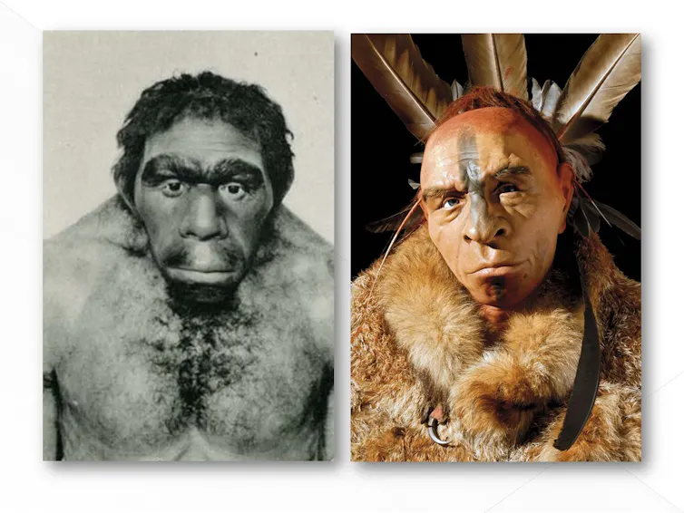 En B/N representación del Neanderthal man, Field Museum of Natural History, Chicago. En color representación actual de Fabio Fogliazza, del Laboratorio de Paleontología del Museo de Historia Natural de Milán.